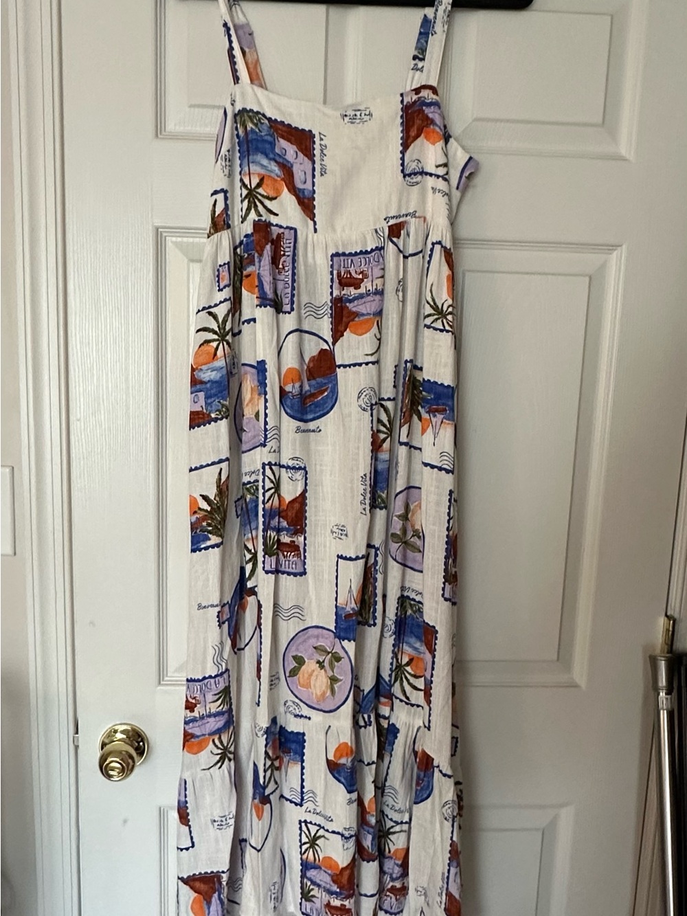 Women’s White Printed Midi Sundress with Blue & Orange Motif
